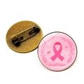 Pink ribbon breast cancer awareness round brooch pins with floral and butterfly design - Bronze Awareness Month Text (Bronze-11)