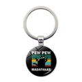 Porte-clés chat noir Pew Pew Madafakas avec pistolets et décor de soleil rétro vibrant - Argent-Chat Double Pistolet Mème (Argent-3)