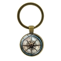 Vintage bronze nautical compass keychain with glass dome and antique map pattern - Bronze-10