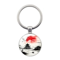 Portachiavi paesaggio Fuji e fiori di ciliegio con pittura a inchiostro e metallo - Stile Pagoda Montagne Barca (Argento-6)