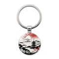 Silver keychain with Mount Fuji landscape and cherry blossom ink painting design - Mount Fuji Pagoda Cherry Blossom Style (Silver-1)