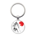 Japanese style round keychain featuring sumi-e landscape art and red sun on silver metal - Mountains Towers & Rising Sun Style (Silver-2)