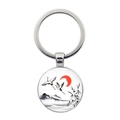 Round silver keychain featuring traditional ink painting with cranes and red sun - Crane Green Bamboo Landscape Style (Silver-3)
