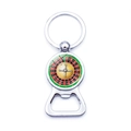 Détail du porte-clés roulette avec décapsuleur de bière intégré en métal argenté brillant - Jy9495-10