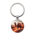 Detail of silver desert camel keychain with glass dome pendant showing middle east design - Red Tasseled Sunset Camel (Silver-11)