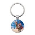 Silver-toned keychain with circular glass pendant featuring a desert camel photography print - Ethnic Decorated Camel (Silver-1)