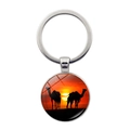 Artistic silver desert camel keychain with sunset glass pendant and metallic keyring - Desert Sunset Silhouette (Silver-2)