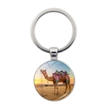 Silver metal keychain featuring a desert camel sunset landscape on a round glass pendant - Colorful Saddle Sunset Camel (Silver-3)