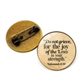 Vintage bronze brooch with Bible verse Nehemiah 8:10 on rustic paper under glass - Nehemiah 8:10 / Bronze