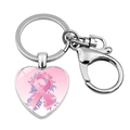Silver heart keychain with pink ribbon breast cancer awareness symbol and floral motif - Pink Floral Ribbon Pattern (JY9434-1)