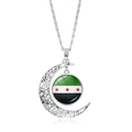 Halskette mit syrischer Flagge im silbernen Mondsichel-Anhänger mit Glas-Cabochon - Mondform silberner Legierungskettenstil