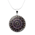 Silver necklace with colorful Notre Dame rose window pattern under glass cabochon - Colorful Cathedral Window Art Pattern (JY0004-12)