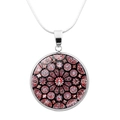 Detail of silver round pendant necklace featuring a red and black cathedral window glass art - Red and Black Rose Window Pattern (JY0004-11)