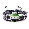 Syrian flag woven leather bracelet with three red stars and adjustable black rope band - Leather Braid With Blue Beads (Style 8)