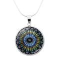 Macro detail of gothic rose window glass pendant necklace with silver mandala pattern - Blue Yellow Green Mandala Pattern (JY0004-9)