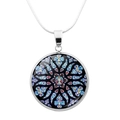 Detailed close-up of a vintage stained glass rose window pendant on a silver snake chain - Red Blue Yellow Complex Symmetrical Window (JY0004-8)