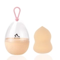Detail of tear-drop makeup sponge with a portable egg-shell storage case and hanging loop - Gourd Shape / Nude