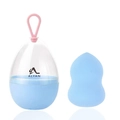 Detail view of a light blue teardrop makeup sponge and egg-shaped case with pink hanging rope - Gourd Shape / Blue