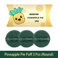 Detailed view of three green round makeup puffs with a yellow pineapple gift box - Pineapple Pie (Round) / Boxed