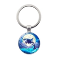 Detailed close-up of a silver round keychain featuring an orca jumping under a full moon - Orca Full Moon Mountain Style(JY9532-10)