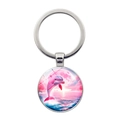 Silver metal keychain featuring a round pendant with a pink dolphin sunset ocean print - Pink Dolphin Sunset Style(JY9532-1)