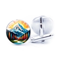 Gemelos redondos plateados con ilustración de paisaje de montaña y sol para hombre - Estilo de Río y Montaña Nevada (Plata-1) / Plateado