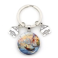 Detailed macro of metal keychain with Venice gondola painting and house charms - Gondola Art Oil Painting (JY9540-Silver 12)
