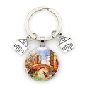 Detailed view of Venice oil painting charm with small silver house pendants on keychain - Classic Venice Bridge (JY9540-Silver 9)
