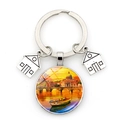 Artistic Venice oil painting keychain with house charms on a polished metal ring - Water City Sunset (JY9540-Silver 8)
