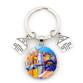 Detailed view of Venice oil painting keychain with miniature silver house charms - Colorful Houses and Canal (JY9540-Silver 6)
