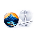 Gemelos de aventura con diseño de montaña nevada azul y puesta de sol naranja - Estilo Atardecer en el Lago (Plata-3) / Plateado