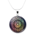 Silver snake chain necklace featuring a colorful gothic rose window glass pendant - Radial Symmetrical Figure Silhouette (JY0004-5)