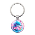 Silver metal dolphin keychain with blue art pendant on a clean white background - Blue Dolphin Floral Style(JY9532-3)