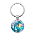 Dolphin sunset art glass cabochon pendant on a silver metal keychain accessory - Leaping Dolphins Sunset Style(JY9532-5)