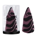 Macro shot of purple marble cone makeup sponge with its transparent cylindrical packaging - Snowflake Cylinder Box / Pink and Black