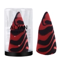 Macro detail of red and black marble conical makeup sponge with clear cylinder packaging - Snowflake Cylinder Box / Red and Black
