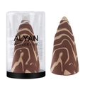 Detailed macro view of a marble-patterned makeup sponge with its clear storage case - Snowflake Cylinder Box / Coffee White Two-Tone