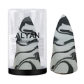 Macro detail of marble pattern makeup sponge with a transparent storage cylinder case - Snowflake Cylinder Box / Black & Gray