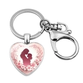 Polished heart keychain with mother and child silhouette, pink floral design, and lobster clasp - Pink Mother and Child Embracing Silhouette (JY9573-3)