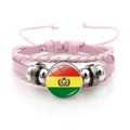 Detail of pink leather woven bracelet with Bolivia flag glass charm and silver beads - Bolivia Flag / Pink