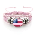 Pink woven leather USA flag bracelet with glass charm and adjustable drawstrings - USA Flag / Pink