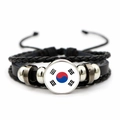Braided black leather bracelet with South Korean flag glass cabochon charm for men - Korea Flag / Black