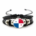 Braided leather bracelet featuring Panama flag glass charm and retro silver beads - Panama Flag / Black