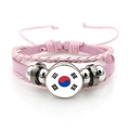 Pink braided leather bracelet with South Korea flag charm and metal beads - Korea Flag / Pink