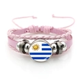 Pink braided leather bracelet featuring Uruguay flag glass charm with metal beads - Uruguay Flag / Pink