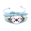 Multilayer braided leather bracelet with South Korea flag glass dome and adjustable cord - Korea Flag / Blue