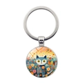Llavero de gato azul artístico con ilustración floral colorida y anillo de metal plateado - Estilo Gato Azul Y Casa (JY9600-8)