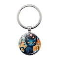 Vista detallada del llavero de metal con ilustración de gato azul bajo cúpula de vidrio - Estilo Gato Azul Y Castillo (JY9600-6)