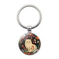 Primer plano de colgante de gato blanco abstracto con flores en llavero metálico - Estilo Gato Persa Blanco (JY9600-5)