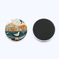Detailed view of 25mm round glass fridge magnet with colorful coastal town illustration - Coastal Town (JY9607-8)